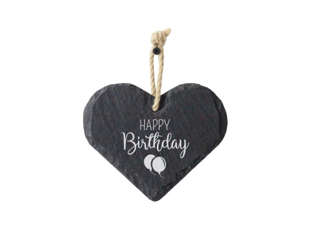 Welsh slate heart shaped hanging sign engraved with the words Happy Birthday